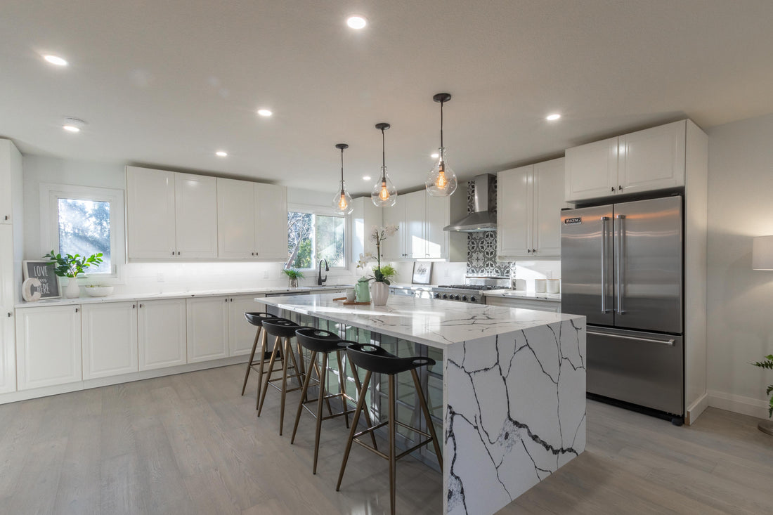 Modern kitchen with waterproof SPC vinyl flooring in Ontario home