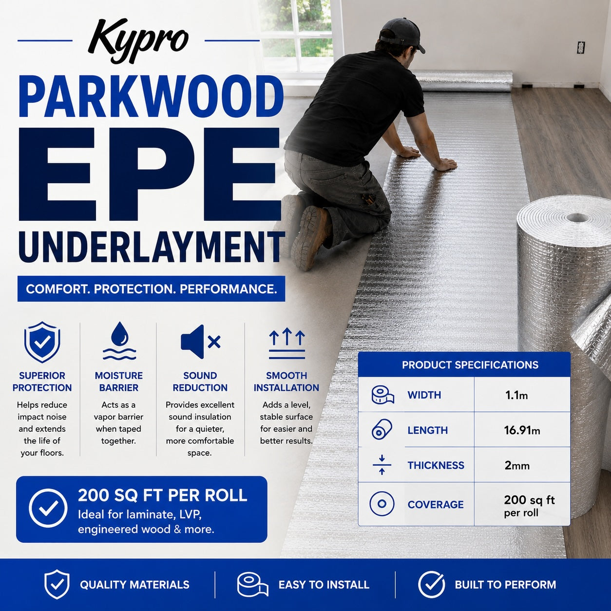 Parkwood EPE Flooring Installation Underlayment – 2.0 mm (Foil-Backed) 200 Sq.ft.
